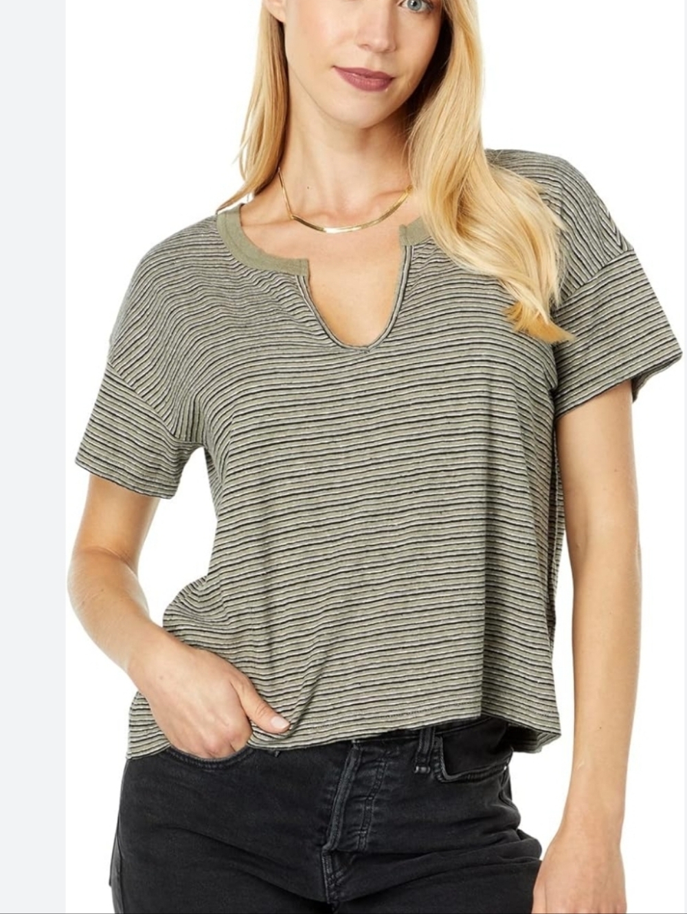 Madewell Olive & Black Striped Split-Neck Crop Tee